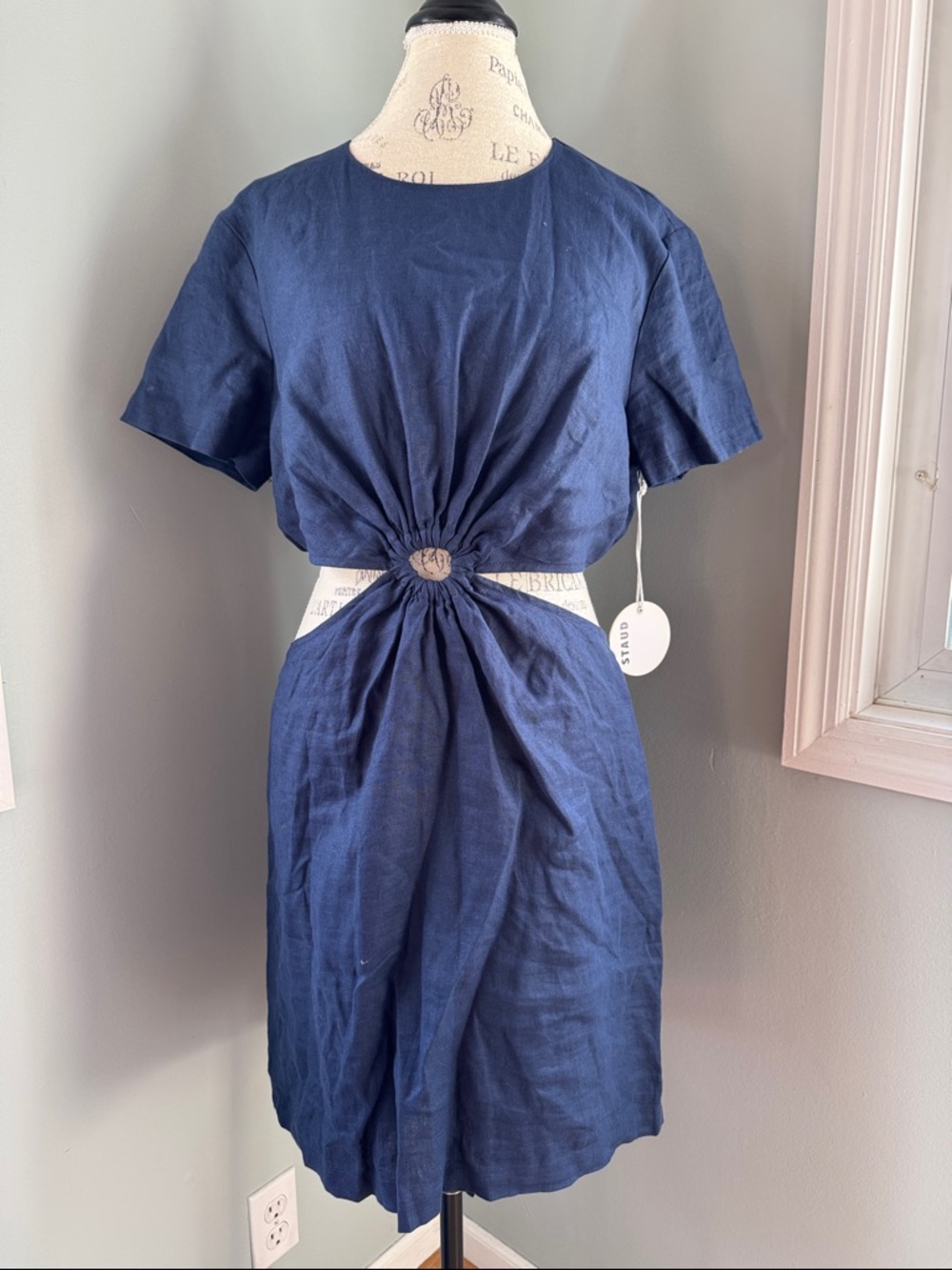 STAUD Epona navy linen cutout mini dress NWT size Large - Picture 2 of 9